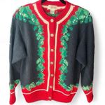 Orvis 80's Vintage Holiday Mistletoe Chunky Knit Cardigan Sweater Navy Red L Photo 0