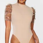 Pretty Little Thing Nude Crepe High Neck Snakeskin Organza Puff Sleeve Bodysuit Photo 0