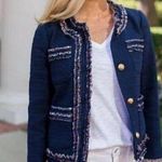 J.Crew  Lady Jacket Navy Blue Floral Liberty Fabric Ruffle Trim Tweed Blazer (4) Photo 0