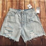 Forever 21 Women High Rise Relaxed Fit Distressed Light Blue Mom Shorts Size 29” Photo 0