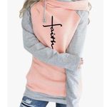 FAITH Women Medium Pink Gray Double Hooded Raglan Sleeve Cotton Blend Sweatshirt Photo 0