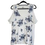 Lucky Brand 100% Cotton White Blue Embroidered Flower Cold Shoulder Top Photo 0