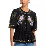 Farm Rio Anthropologie Winter Garden Embroidered Blouse Black Purple Size Small Photo 0