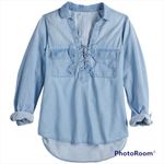 SO  juniors size small lace up LE shirt v neck cuffed sleeves round hem twill NWT Photo 0