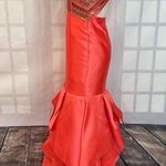 Rachel Allan Rhinestones Cross Halter Ruffle Mermaid Satin Gown pink or salmon c Size 2 Photo 8