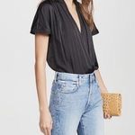 Paige Dijon Satin Short Sleeve Faux Wrap Thong Bodysuit Black | L Photo 0