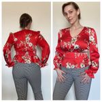 Bar III Blouse Floral Red Poppy Peplum Top Long Sleeve Medium Photo 2