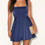 Lulus NEW  Admirably Chic Navy Blue Satin Lace-Up Mini Dress With Pockets Medium Photo 0