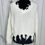 Love Tree  Sz Small Cable Knit Crop Slouchy Fit White Sweater Distressed Fringe Photo 0