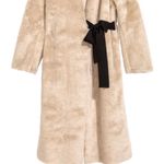H&M  Cream Beige Faux Fur Suede Lined Coat Black Contrast Waist Tie Size Large Photo 3