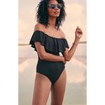 Trina Turk New. navy off shoulder ruffle top. Size 8. Retails $148 Photo 5