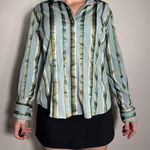 Y2K New York and Co. Blue Green Shiny Preppy Collared Longsleeve Size XL Photo 0