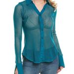 Free People  Siggi Button Down Mesh Cotton Shirt Teal Blue Green Photo 2