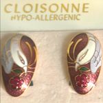 New Cloisonne Bird and Floral Design Enamel Pierced Earrings White Photo 2