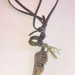 Brass Tone HUGE Boho Wing & Heart Pendant Leather Cord Adjustable Necklace Photo 4