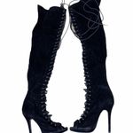 Liliana Size 6 Tall  Above the Knee Black Suede Like Lace Up Boots Photo 0