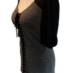 Pretty Good Short Elastic Sleeve Tie Down Front Gray & Black Long Stretchy Top L Photo 2