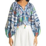 Farm Rio NWOT  Blue Palm Tree Rainbow Trim Bohemian Puff Sleeve Blouse Size Small Photo 0