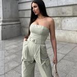 ZARA jumpsuit technical fabric cargo sleeveless wide streight leg light khaki Photo 2