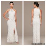 Alex Evenings  Long Halter Lace Sheath Dress with Skirt Slit in Taupe Size 8 Photo 1