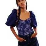 Free People New Intimately Prairie Rose Navy Blue Bodysuit Puffy Sleeve Boho Med Photo 0