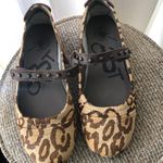 Vintage 100% GENUINE LEATHER fuzzy brown and tan leopard print Mary Jane ballet flats with gold studs ad velcro strap closure Size 6.5 Photo 5