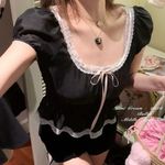 Japanese Kawaii Black Silky Soft White Lace Pink Ribbon Bow Blouse Top Size XS Photo 1