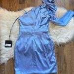 Mac Duggal IEENA FOR  One Shoulder Long Sleeve Satin Mini Dress In Periwinkle Photo 10