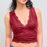 Cider  Women's Size S Lace Tank Top Burgundy Red Plunge Neck‎ Y2K Euro Crop Photo 0