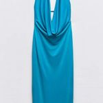 ZARA  dress fitted maxi Blue plunge neck Halter wedding evening party Photo 11