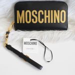 Moschino Black Gold Logo Continental Zip Around Wallet Wristlet New Photo 1
