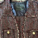 ZARA Basic Tweed Longline Coat Jacket XS Black Red Fringe Bouclé Photo 9