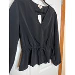 Loft  NEW Medium Black V Neck Long Sleeve Faux Wrap Peplum Shirt Drawstring Waist Photo 2