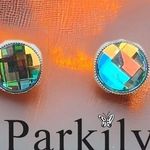 Handcrafted chessboard crystal earrings with Swarovski aurora borealis Silver Photo 1