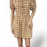 Motel Plaid Puff Sleeve Tie-Front Dress Size S Brown & Green Check Cottagecore Photo 0
