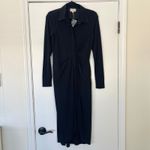 NWT CIEBON Jennifer Black Collared Ruched Button Front Midi Shirt Dress Sz Small Photo 2