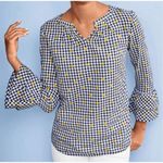 Talbots ‎ Gingham Blouse Yellow Floral Bell Sleeve Top Small Photo 0