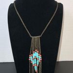 Turquoise & orange bead dangle chain strands necklace necklace 36” boho western Blue Photo 0