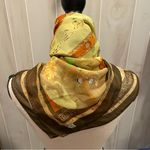 Beautiful vintage sheer silky Asian life theme earth tones scarf 27” x 27” Green Photo 13