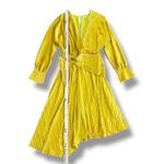Chartreuse Pleated Wrap Dress Long Sleeve Asym Hem Midi Yellow Women Gold Size M Photo 3