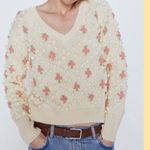 ZARA 🌸 Pom Pom Floral Knit Sweater Size S V Neck Photo 3
