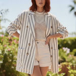 Anthropologie Plicro Blazer Womens XS White Black Striped Linen Double Breasted Photo 0