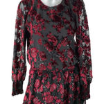 Parker  Carmindy Red Black Floral Velvet Burnout Long Sleeve Mini A-Line Dress S Photo 0