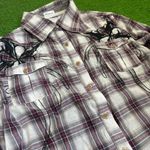 Roar‎ Women's Large Western Plaid Embroidery Long Sleeve Button Up Sheer Purple Photo 1