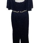 Adrianna Papell  Gown Lace Beaded Belt Cape Sleeve Navy Formal Evening, Size 12 Photo 5
