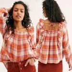 Free People • Siena Plaid Pullover top blouse orange pink smocked peasant Photo 14