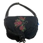 Black Canvas Shoulder Bag Red Rose Floral Print Distressed‎ Fringe Crossbody Photo 0