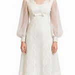 Vintage 1970s Sheer Lace High Neck Bridal Wedding Gown with Bow Detail XS White Photo 0