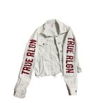 True Religion Fashion trucker with Red Logo on Sleeves Sz XS White Jean Jacket Photo 6