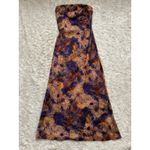 Fore Boutique Satin Purple Gold Floral Maxi Dress Strapless Open Cowl Back Photo 1